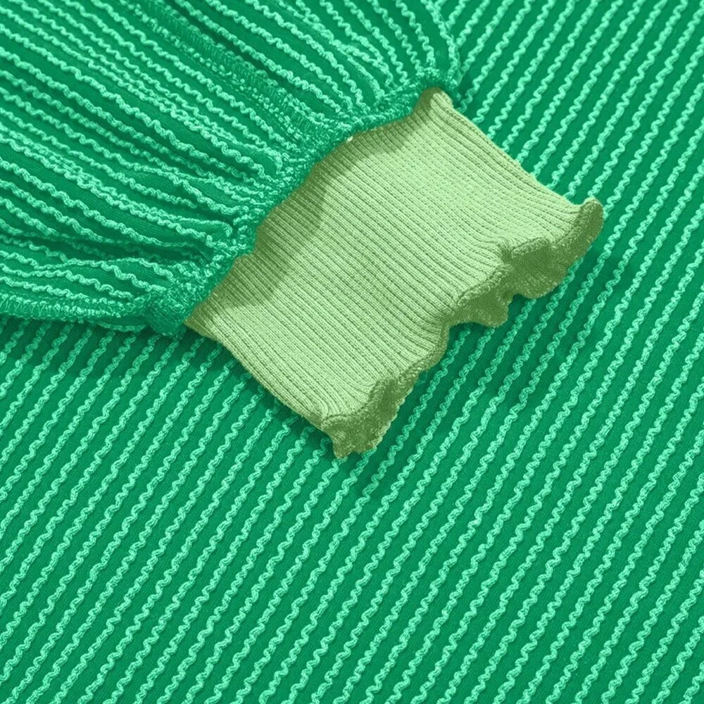 Green Casual Women's Textured Striped Cuffed Long Sleeve Loose Crew Neck T-Shirt